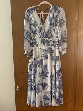 Joseph Ribkoff Blue and White Floral Wrap Midi Dress
